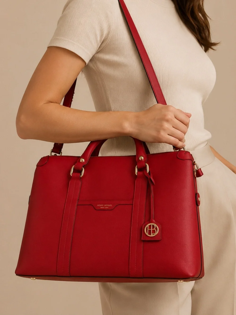 Henri Bendel New York Large Red Saffiano Laptop Tote Bag